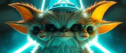 volume fog light, hyper real close up on fluffy faces of rock cute charming uplifting energetic blessed alien cricket coyote priest gremlin fashion general with hi tech transcendent lazer plasma blaster arsenal from hell, guarding bridge up to space saucer neon plastic transparent, movie poster