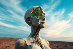 create a surreal sculpture-like portrait of a female figure made of aged, cracked stone. Her torso and face have large broken areas revealing a living tree growing within, roots connected to the barren ground. Sky in soft blue hues with drifting clouds, dramatic and timeless, high realism with symbolic surrealism --v 7 --style raw --ar 3:4
