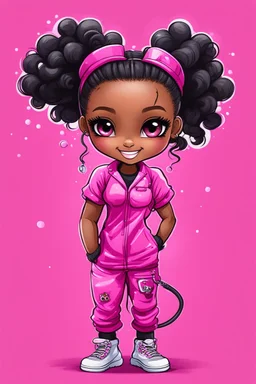 Create an abstract graffiti water color painting illustration of a chibi cartoon black female curvy smiling and hot pink scrub suit. Prominent make up with lush lashes and hazel eyes. Highly detailed slick ponytail thats wavy. background of the amour of stethoscopes