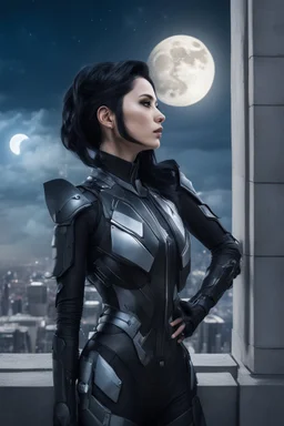 Fantasy Photo Of A Woman With Black Hair, Wearing A android-looking suit, standing sideways On A Ledge of a building, With A waning moon Behind Her Head