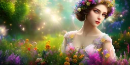 bright fairy, beautiful portrait, flowery landscape