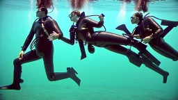 A man and a woman dressed in old diving suits try to kiss underwater.