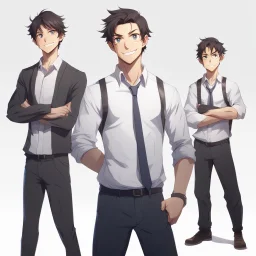 1male, young, assistant, cheerful, facing the camera, center in portrait, arms to the side, standing straight, white background, trending in artstation, anime