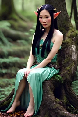 A beautiful as a model asian woodland elf princess who looks like a young Lucy Liu seated on a throne in a mystical forest