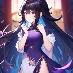 Clear focus,High resolution, Black long fluffy hair, and purple eyes, wearing a chinese dress, cute