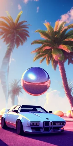 1980's aesthetic vaporwave palm trees and spheres and sports car