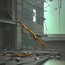 Minimal abstract oil painting of a falling person limbs sinew twisted . Amongst concrete fragments brutalist architecture and hanging wires illuminated at night. In the style of Justin Mortimer and Phil Hale and Ashley Wood