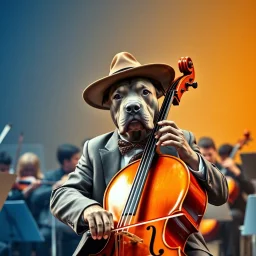 a gray pit bull wearing a big hat and a nice suit playing the cello in the centre .of a big orchestra in the background with a smooth gradient in warm blue tones,