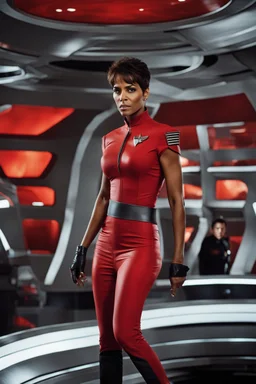 In this surreal vision, Halle Berry stands tall on the iconic bridge of the USS Enterprise. Adorned in a striking Star Trek Original Series red uniform, she embodies the essence of command and adventure. Her shortish hair adds a touch of modernity to the classic ensemble, a symbol of her strength and individuality. Ample bosoms, a reminder of her femininity, are embraced by the uniform, a testament to the diverse and empowering representation within the Star Trek universe. Her black boots, firml