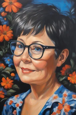 Oil paint on canvas, chiaroscuro, deep shadows, masterpiece, happy, 2020 caught off guard, 49-year-old Phyllis Kendall, short pixie-cut, shag-cut straight, dark salt and pepper hair, overweight, blue eyes, great big, round lensed eyeglasses, wearing a black, floral print, short-sleeved, pull-over shirt, dark blue sweatpants, sitting at the computer checking her emails