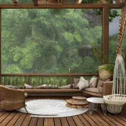 rustic wood deck with white wicker furniture, cerulean pond surrounded by smooth stones, flickering light, plants, 8k resolution, cozy, high-quality, fine-detail, tranquil, digital art, detailed matte, volumetric lighting, illustration, 3D octane render, brian froud, howard lyon, selina french, annie stokes, lisa parker, greg rutowski