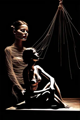 a surreal abstract image of a woman seated on a table, she is connected to string like a puppet, arms in air, moved by the strings, puppet like features in the face, beautiful face, looks desperate to break free, behind her is a huge image of a man holding the strings, creepy character,.zoomed in, dark and shadowy background with selective lighting on the woman