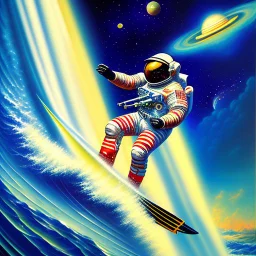 astronaut surfing in Jupiter waves, art style by Bryen Frost inspired by Marta Vilarinho de Freitas, focus on subject, flat, vector illustration, urban sketch expressionist style oil painting, smooth post-impressionist impasto acrylic painting, thick layers of colourful textured paint futuristic futurism noir