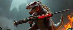 hyper real rock dinosaur general with weapon arsenal from hell