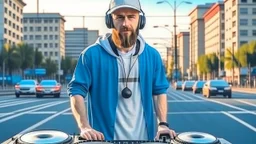 short beard man with cap, DJ play records, color sky background,at middle of midleage city street background, full body