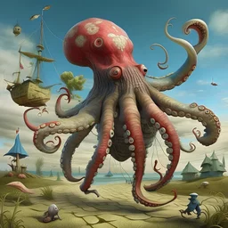 surreal: Stephen Hawkingflying a octopus-badger hybrid in the style of Hieronymus BOsch, 8k, insanely detailed