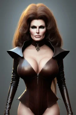 Raquel Welch as evil queen in black leather, leather, busty, cleavage, angry, stern look. character design by cory loftis, fenghua zhong, ryohei hase, ismail inceoglu and ruan jia. unreal engine 5, artistic lighting, highly detailed, photorealistic, fantasy