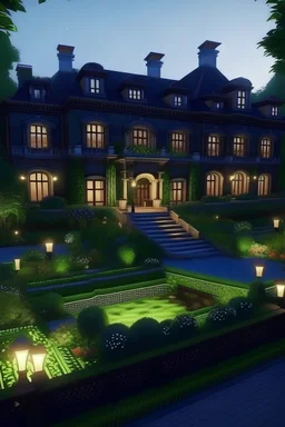 generate me the outside of an expensive estate. Lots and lots of plants, at night