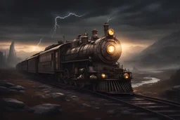 grim dark moody cold fantasy landscape, steampunk lightning electric modern passenger train