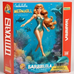 A photograph of a pristine action figure encased in its packaging, evoking a sense of collectible wonder, styled after a vintage toy advertisement. The box prominently displays "Mermaid Barbarella" in bold, stylized lettering, with the action figure inside clearly resembling youthful Jane Fonda as Barbarella the mermaid, possessing his iconic sci-fi features and her fish tail: her long red curly hair, she wears her iconic silver bikini, in the box: a trident and an aquarium