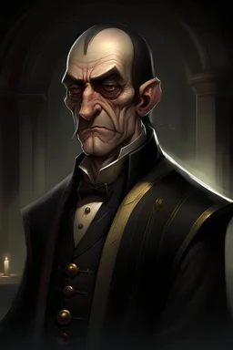 concierge, Butler or gatekeeper of a fantasy Castle in a dark fantasy adventure who will follow the protagonists by stepping out of shadows and giving hints. with a wide jaw, absurdly wrinkly face and very wide, but thin mouth in a grouchy expression, wrinkly large forehead and a cartoonishly large nose and balding, black patchy hair in a style of an old book litography
