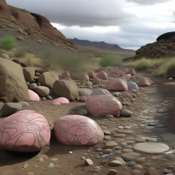 A grayish pink magical wasteland with rune rocks designed in native American petroglyphs painted by Paul Gauguin