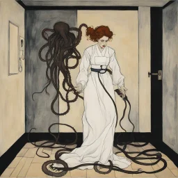 [poster of a Nurse tentacles around her waist by Egon Schiele] The White Nurse enters in the dimly lit bedroom, shadows danced ominously across the walls The room is filled with terror as the monstrous presences beneath your bed stirred and twisted, its eerie limbs and tentacles creeping out into the moonlit room. Just as fear threatened to consume you, a soft, soothing voice cut through the darkness.