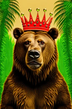 Grizzly with palms up wearing a crown
