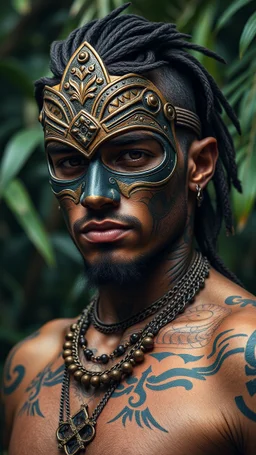 ultra HD shot of a strong young man with a mask Mayan features, tribal tattoos, textured copper skin, tribal jewelry, large, Background of the figure in a jungle environment.