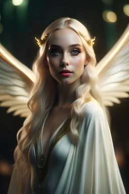 portrait of a beautiful winged elf, long straight blonde hair, delicate, tender, green eyes, pure, dressed in white windy robes, standing in a circus, butterfly wings, realistic, sexy, cinematic lighting, highly detailed face, very high resolution