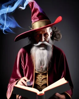 magician, wizard, reading a book, smoke, pyschedelic, velvet robes symmetry