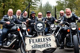 a very hard and tuff motorcycle bald gang, not old, posing with their Harley Davidsson bikes, some of them holding guns and shotguns, a logo sign with Falköpings HD Club, "Fearless sinners" Skulls and bones, skeletons