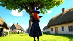 A red-haired, witchy woman standing in the centre of a village green, surrounded by thatched cottages, standing under a large tree. Bright, sunny day.