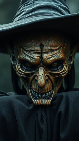 Busch painting style nightmare, a zoomed rear view of a witch by his face skin is a rusted broken metallic skin texture in a 3d rendering full-height image of a grim and dark scene. Ensure the final images exhibit the utmost quality, encompassing 4K, 8K, and 64K resolutions, with 3D rendering that manifests in photorealistic, hyperrealistic, and highly detailed representations. Employ techniques such as HDR, UHD,
