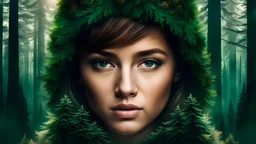 Create an image that combines human facial features with elements of fir forest and text overlay in a portrait format. The face should be partially visible and obscured by a semi-transparent overlay of fir illustrations and script text. The color palette should be warm with deep green, and earthy browns. The image should evoke a sense of mystery and fusion between humanity and nature, while also creating a sense of depth and texture. The forest illustrations should be delicate and