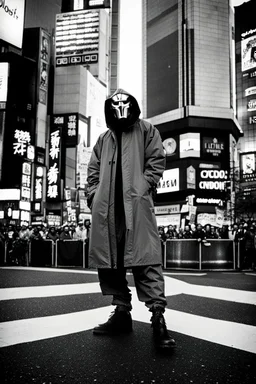 Photograph of MF DOOM standing in Shibuya Crossing