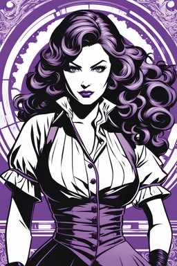 Adult venezuelan woman with thick eyebrows and curly long hair doing a Booker DeWitt impression including the clothing from Bioshock Infinite. only duotone purple and white. In the style of Akemi Takada, ultra detailed manga drawing, professional lighting, simple logo background. manga japanese comic style