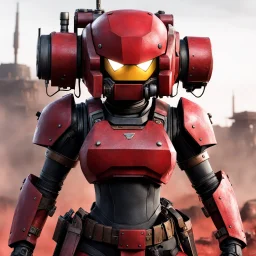 the Red Lectroid smiles, ready to fight, in dust, rust and blood, her body is covered with cartridge belts