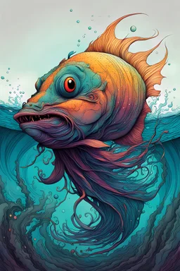 illustration of a fish faced shape shifting siren in the style of Alex Pardee and Jean Giraud Moebius, highly detailed, boldly inked, with soft underwater colors