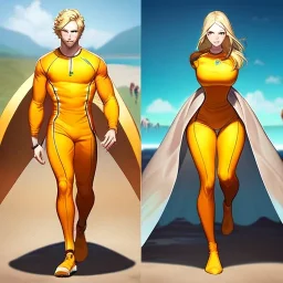 surfer boy wearing orange wetsuit, anime with realistic body feature details, high waves, full length cinematic view, blonde hair