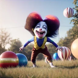 Ultra realistic circus scene. Sweet big hair monster flying, playing with Child’s, smile, happy, color bubbles, smooth color, waist up view, Wes Anderson style, a lot of people background, highly detailed, concept art, unreal engine 5, god rays, ray tracing, RTX, lumen lighting, ultra detail, volumetric lighting, 3d, finely drawn, high definition, high resolution.