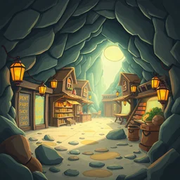 Cartoon whimsical fantasy underground school interior mining shopping district, orange and browns, lanterns, stones