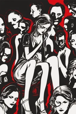 Image of a woman sitting alone, surrounded by shadowy figures whispering in her ear, suggesting the influence of manipulation and dark psychology on individual perceptions of attractiveness Give it a very dark frightening vibe. Use black and red theme.