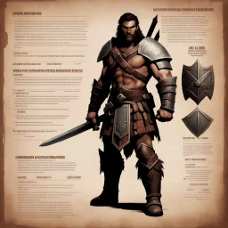 character concept sheet with AD&D statistics and characteristics, [vintage style noisy scratches glitches, Shot the texture and then rewound the film and double exposed the face] a Barbarian ranger with his leather armour, his broad sword and his small iron shield