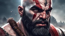 illistration of a person who has face like the god of war but in different way who have discipline for things he should make during the day 1 picture and the person face so close and direct the viewer and the datails of his face very high quality and the background very high details illistration and 4k high quality