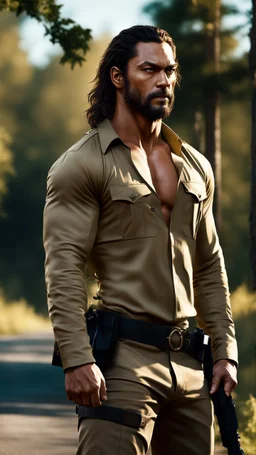 Jason Mamoa as a handsome muscular sheriff wearing a long sleeved khaki shirt, short hair, standing by the roadside, trees in the background. photorealistic. 4k. urban fantasy