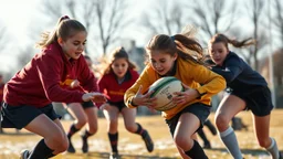 Young schoolgirls playing rugby, award-winning colour photograph, winter sunshine, action, determination, keen, tough