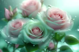 delicate, pink-mint lush bouquet of roses, complex, amazing, magical, delicate, mint color, sparkling dew drops, dawn, magically, in pastel transparent tones, hyperrealistic, lumen, shine, professional photo, 5d, 64k, high resolution, high detail, cgi, f/16.1/300s, highly detailed digital painting, bright and juicy, photorealistic painting, solar illumination in the background, aesthetically pleasing, beautiful