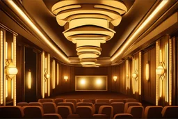 Inside an Art Deco cinema with mirrors and brass sconces, incandescent, gleaming