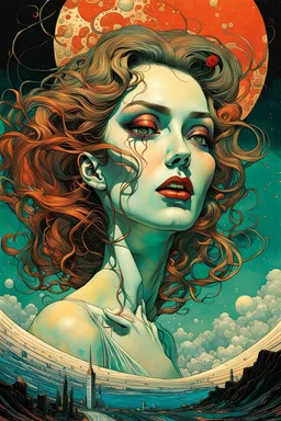 create a highly ethereal, darkly magical surrealist illustration of a vampire girl, with highly detailed and deeply cut facial features, in a chaotic, turbulent, otherworldly landscape, in the style of SALVADOR DALI, GUSTAV KLIMT, and KATHE KOLLWITZ combined with the comic art style of BILL SIENKIEWICZ and JEAN GIRAUD MOEBIUS, searing lines and forceful strokes, precisely drawn, inked, and darkly colored